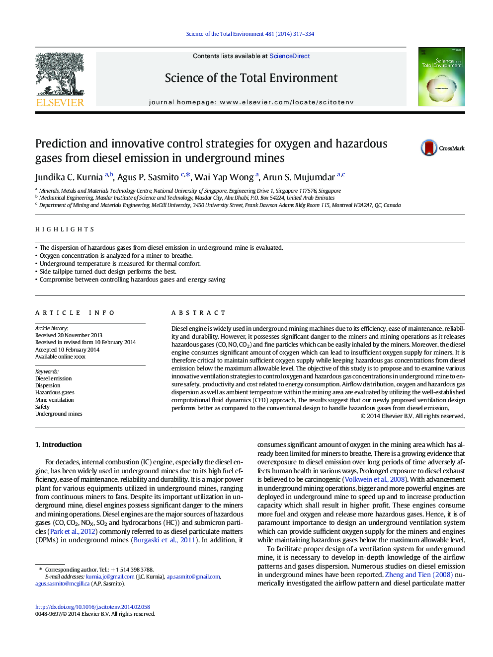 Prediction and innovative control strategies for oxygen and hazardous gases from diesel emission in underground mines