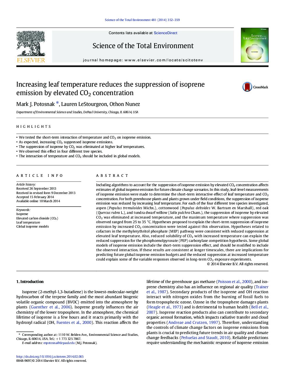 Increasing leaf temperature reduces the suppression of isoprene emission by elevated CO2 concentration