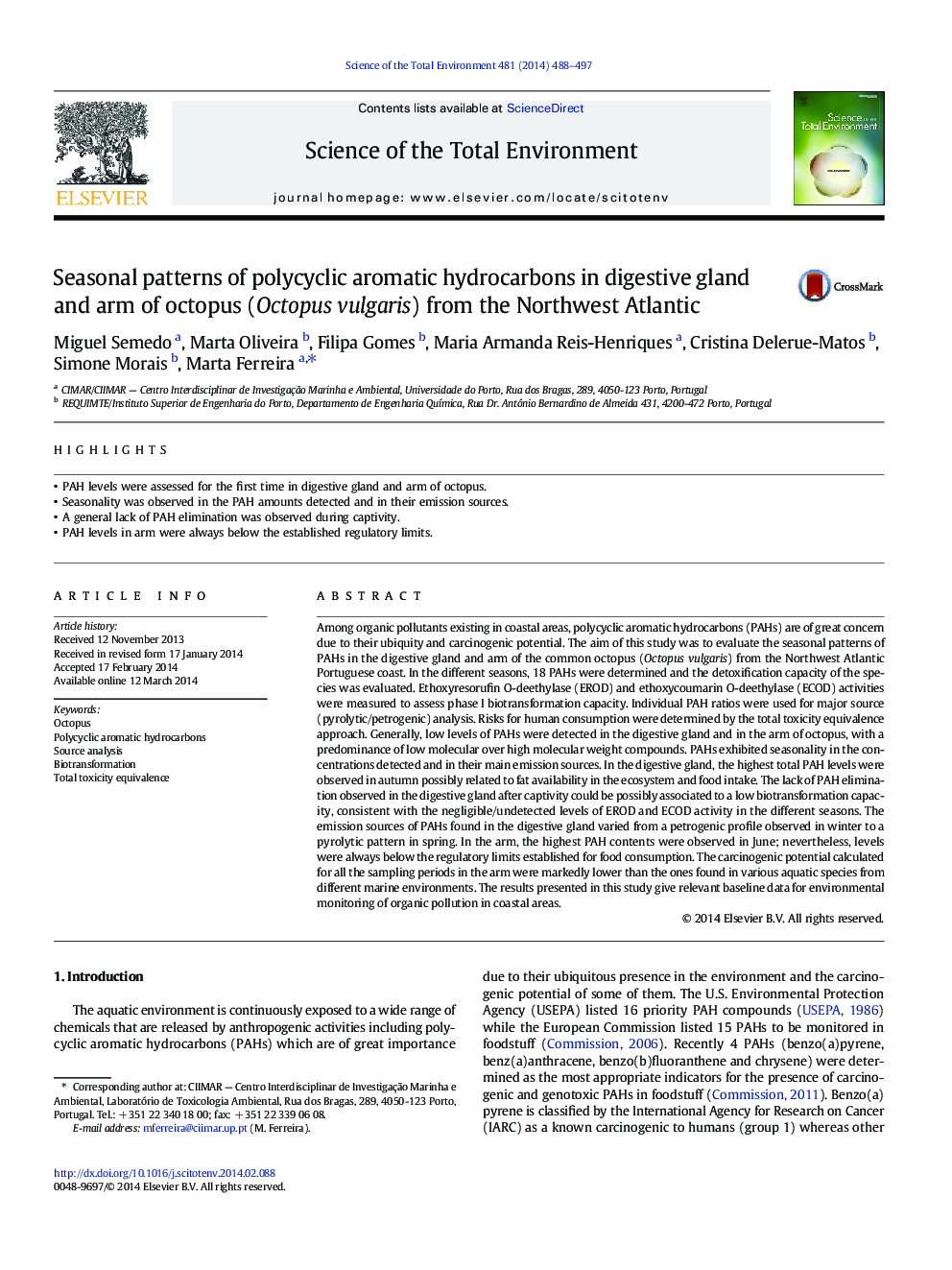 Seasonal patterns of polycyclic aromatic hydrocarbons in digestive gland and arm of octopus (Octopus vulgaris) from the Northwest Atlantic