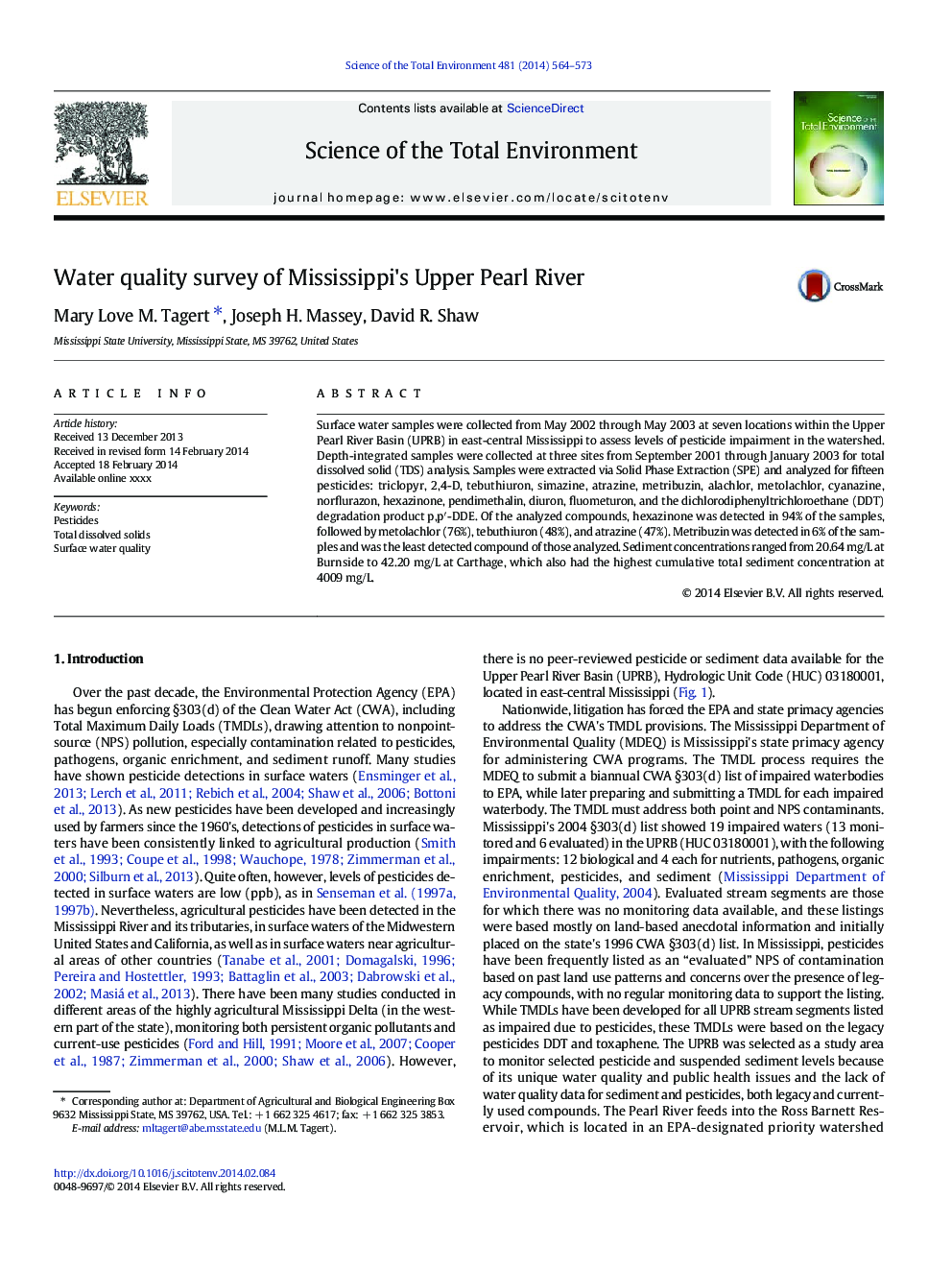 Water quality survey of Mississippi's Upper Pearl River