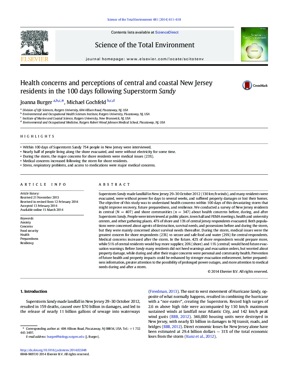 Health concerns and perceptions of central and coastal New Jersey residents in the 100Â days following Superstorm Sandy