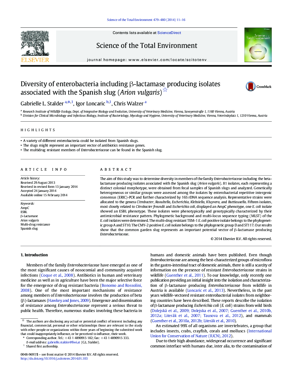 Diversity of enterobacteria including Î²-lactamase producing isolates associated with the Spanish slug (Arion vulgaris)