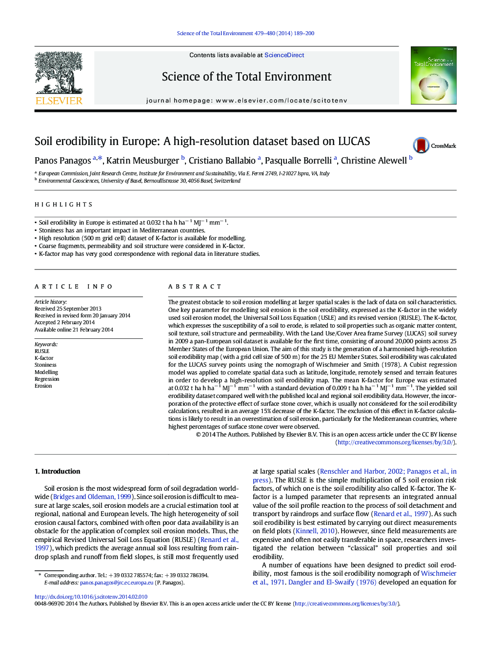 Soil erodibility in Europe: A high-resolution dataset based on LUCAS