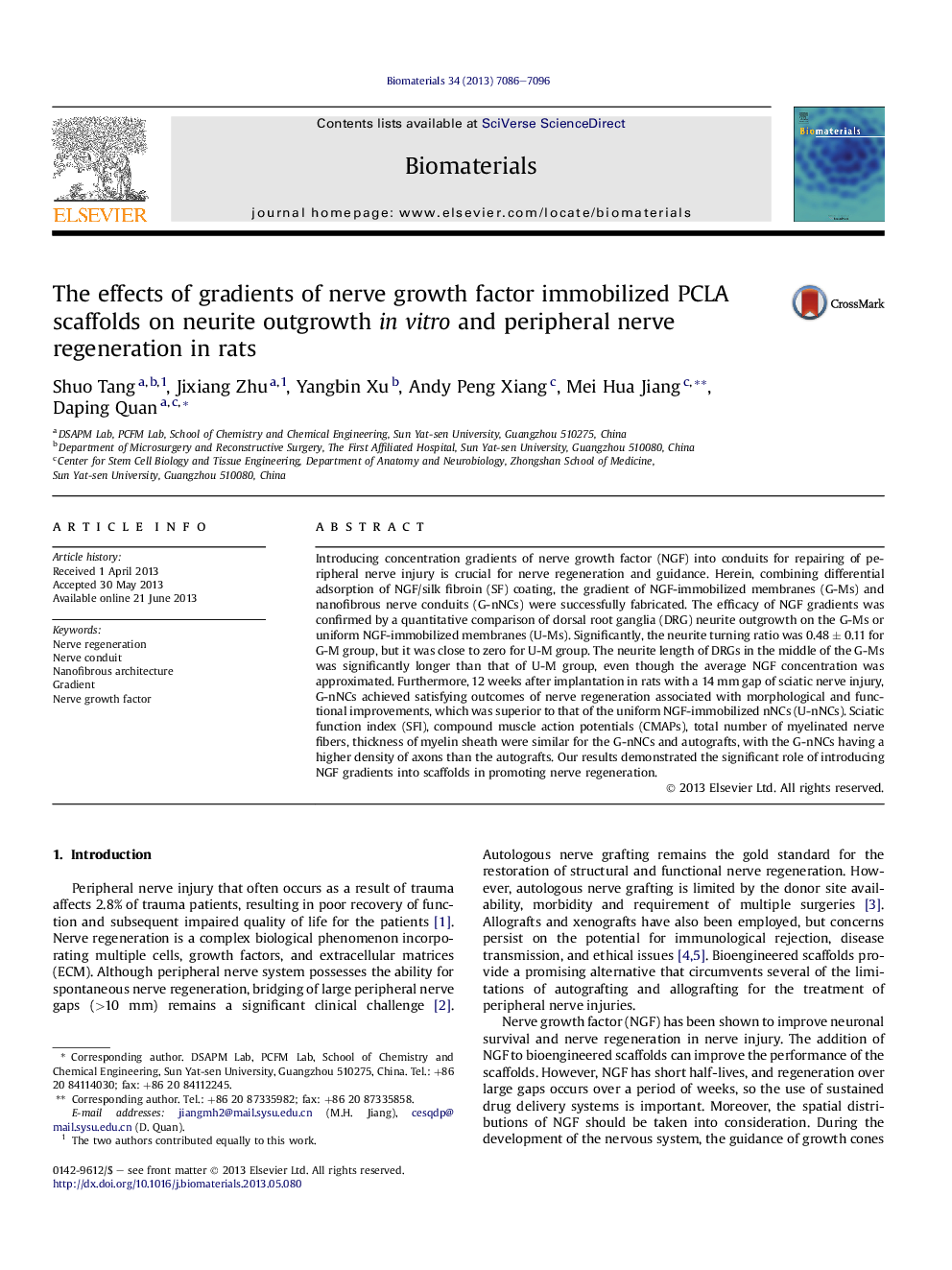 The effects of gradients of nerve growth factor immobilized PCLA scaffolds on neurite outgrowth in vitro and peripheral nerve regeneration in rats