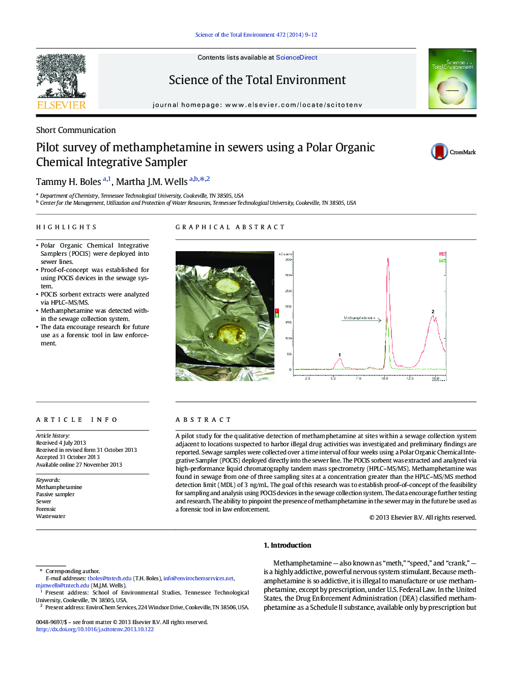 عکس صفحه اول مقاله: Short CommunicationPilot survey of methamphetamine in sewers using a Polar Organic Chemical Integrative Sampler Short CommunicationPilot survey of methamphetamine in sewers using a Polar Organic Chemical Integrative Sampler