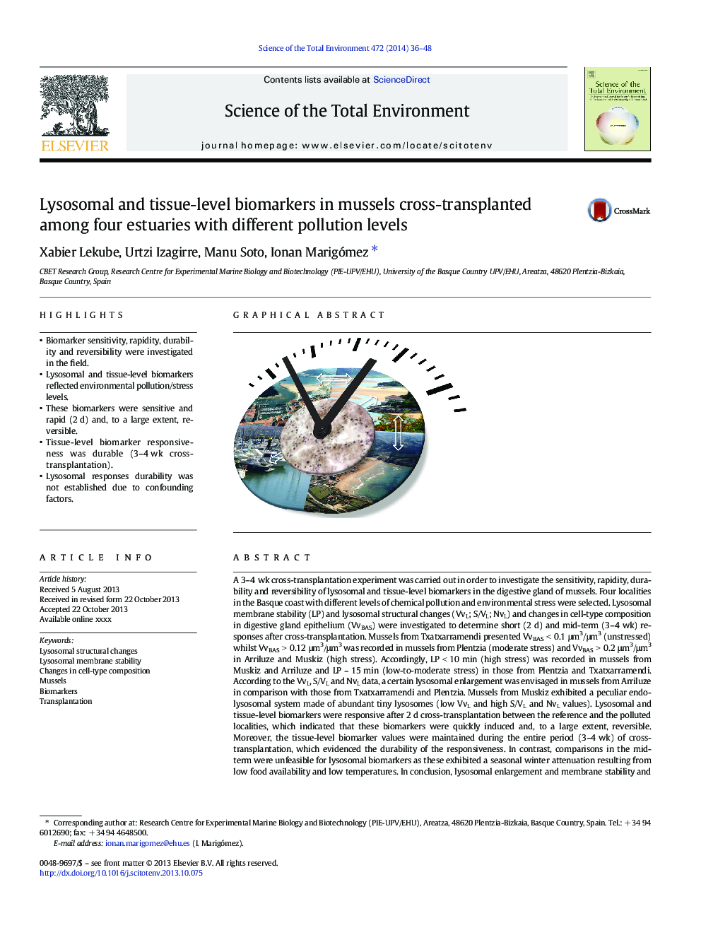 Lysosomal and tissue-level biomarkers in mussels cross-transplanted among four estuaries with different pollution levels