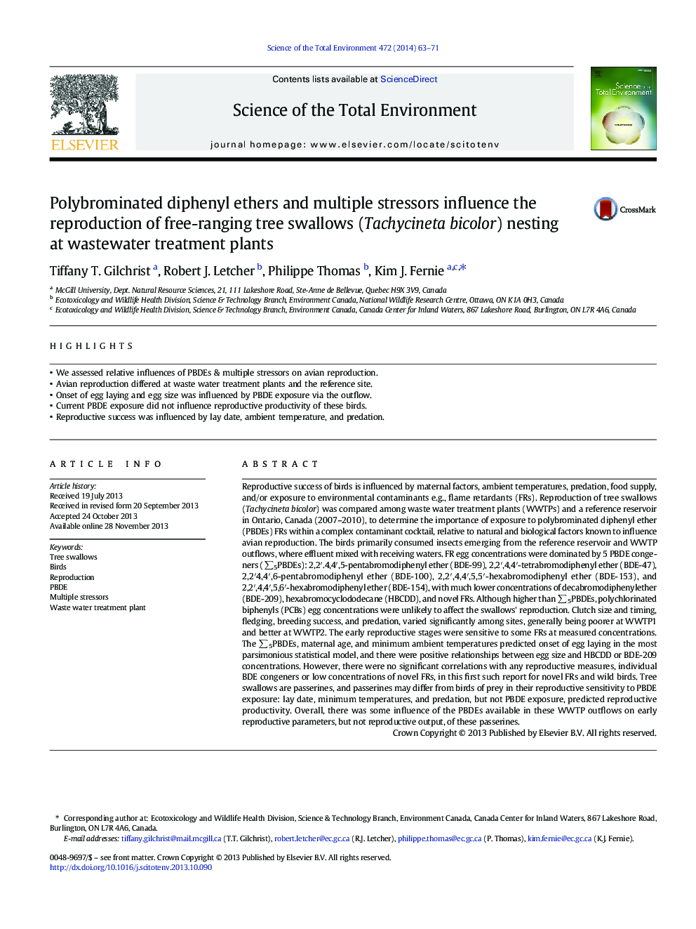 Polybrominated diphenyl ethers and multiple stressors influence the reproduction of free-ranging tree swallows (Tachycineta bicolor) nesting at wastewater treatment plants