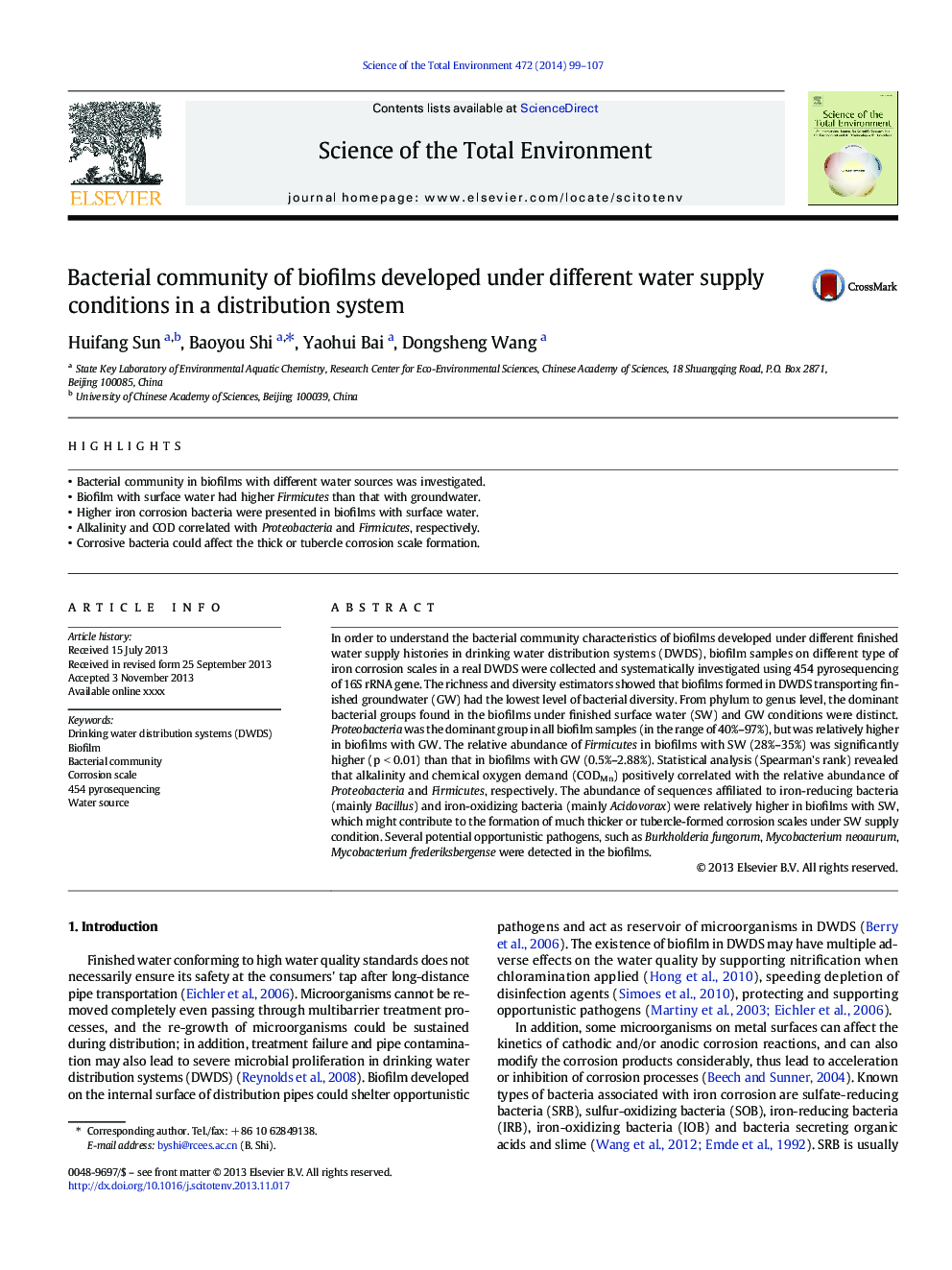 Bacterial community of biofilms developed under different water supply conditions in a distribution system