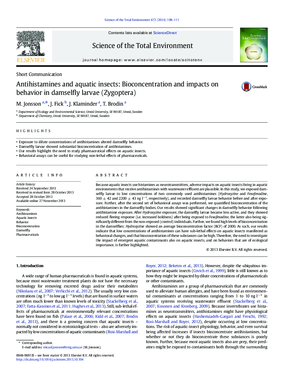 Antihistamines and aquatic insects: Bioconcentration and impacts on behavior in damselfly larvae (Zygoptera)