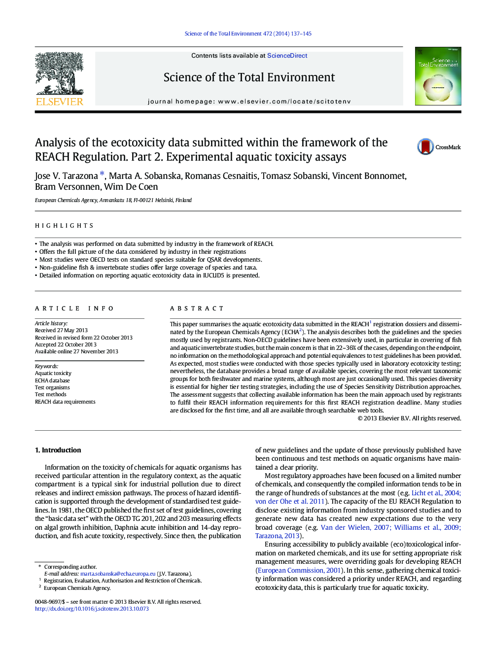 Analysis of the ecotoxicity data submitted within the framework of the REACH Regulation. Part 2. Experimental aquatic toxicity assays