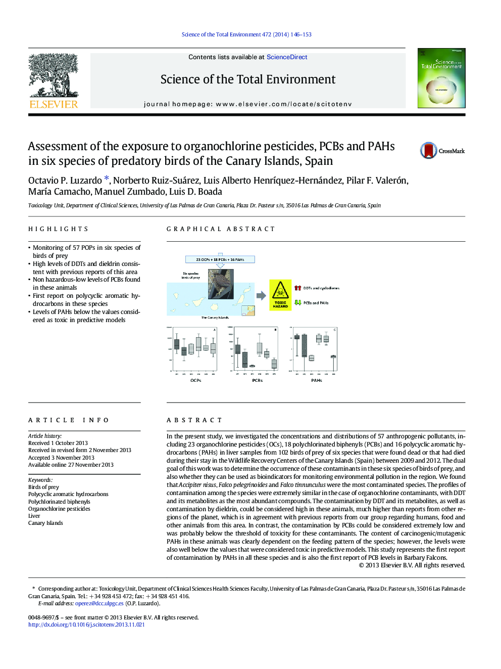 Assessment of the exposure to organochlorine pesticides, PCBs and PAHs in six species of predatory birds of the Canary Islands, Spain