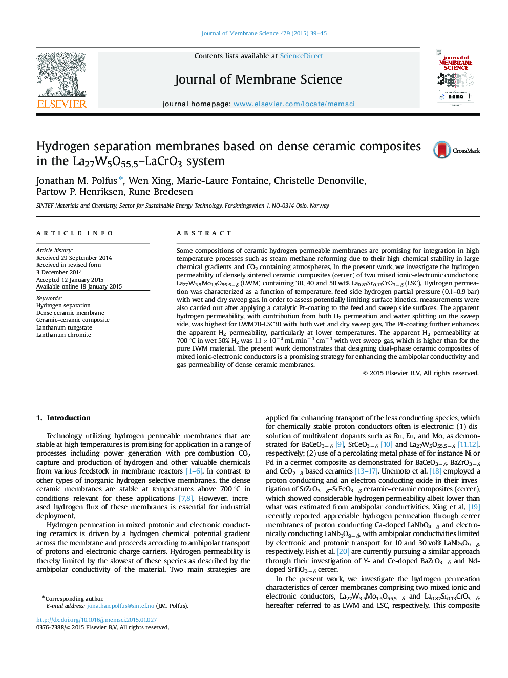 Hydrogen separation membranes based on dense ceramic composites in the La27W5O55.5–LaCrO3 system