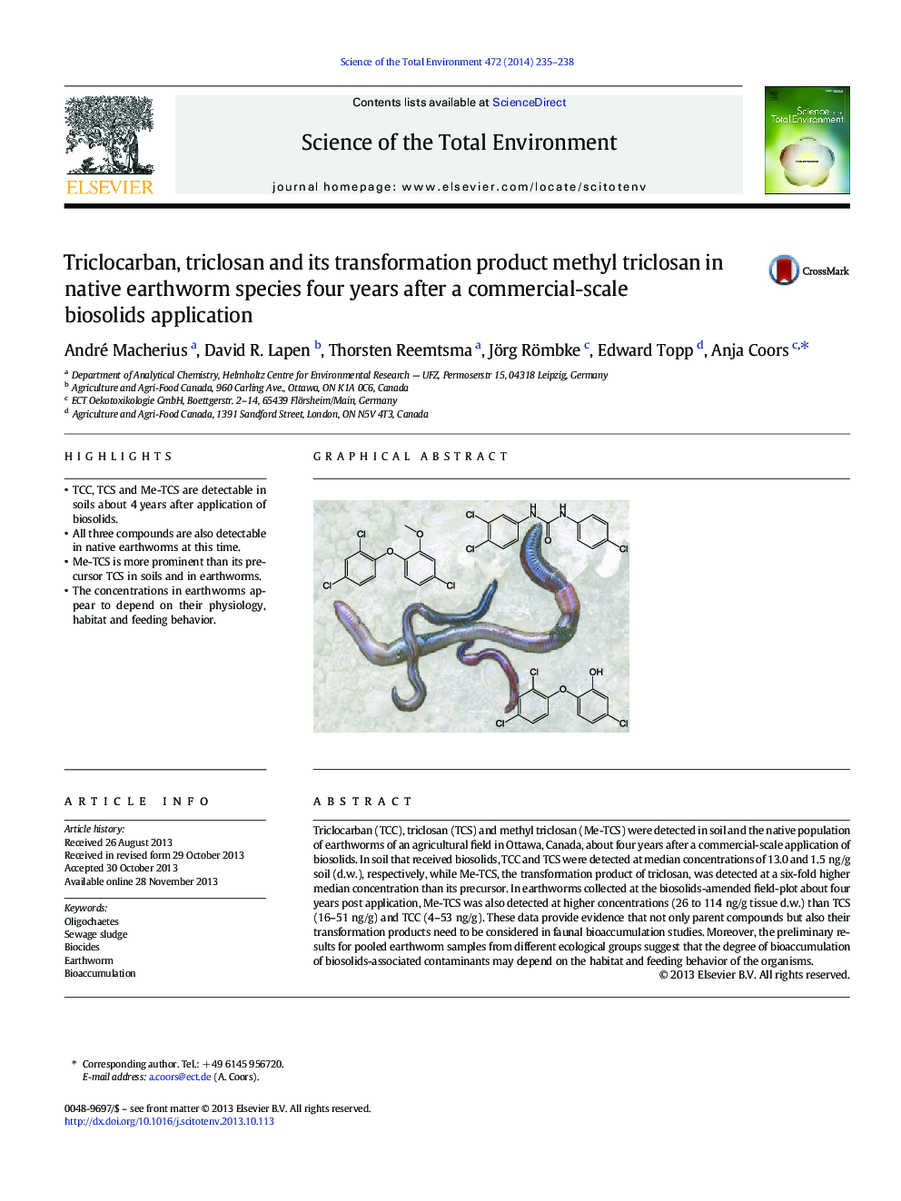 عکس صفحه اول مقاله: Triclocarban, triclosan and its transformation product methyl triclosan in native earthworm species four years after a commercial-scale biosolids application Triclocarban, triclosan and its transformation product methyl triclosan in native earthworm species four years after a commercial-scale biosolids application