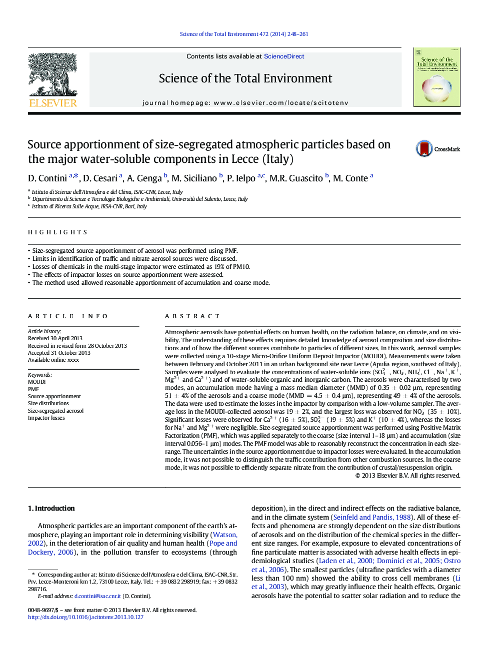 Source apportionment of size-segregated atmospheric particles based on the major water-soluble components in Lecce (Italy)