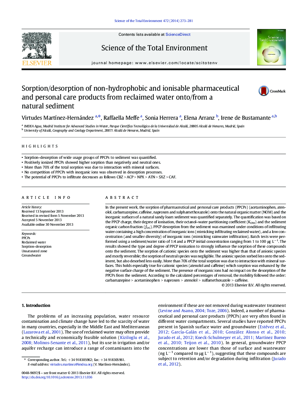 Sorption/desorption of non-hydrophobic and ionisable pharmaceutical and personal care products from reclaimed water onto/from a natural sediment