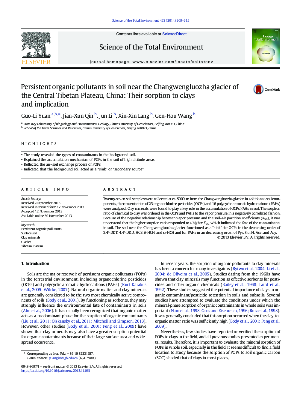 Persistent organic pollutants in soil near the Changwengluozha glacier of the Central Tibetan Plateau, China: Their sorption to clays and implication