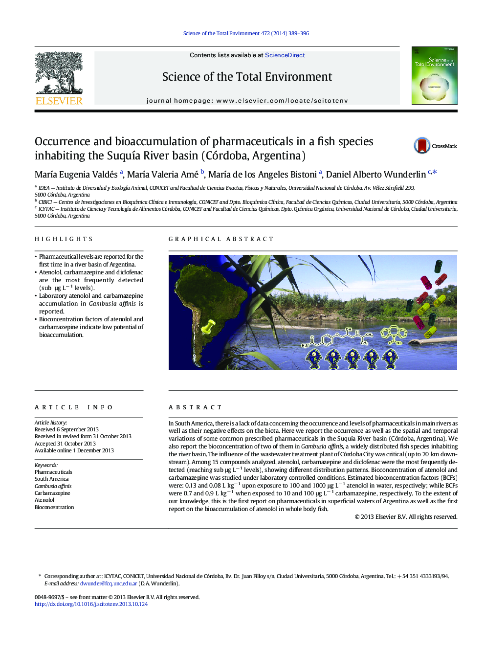 Occurrence and bioaccumulation of pharmaceuticals in a fish species inhabiting the SuquÃ­a River basin (Córdoba, Argentina)