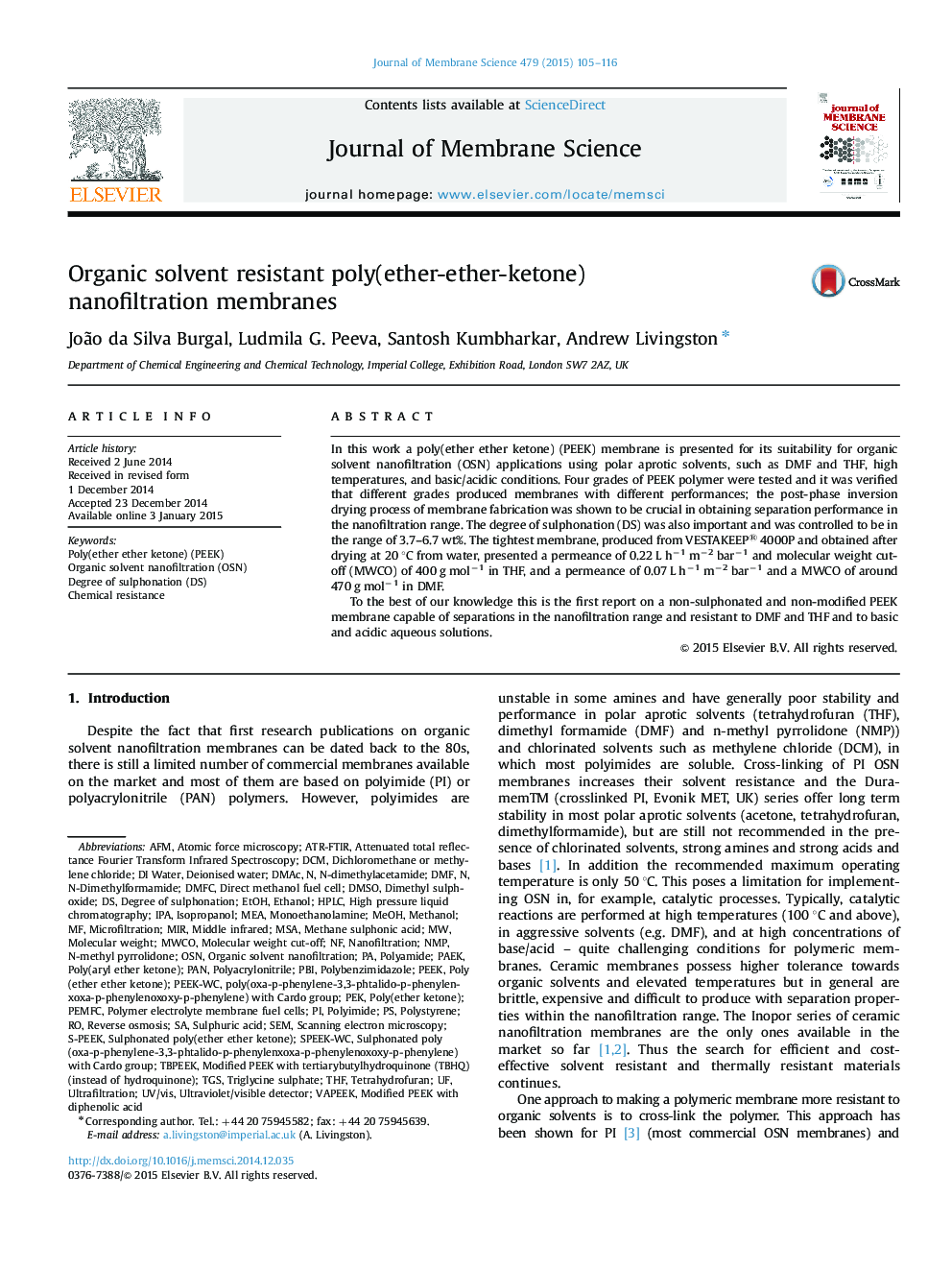 Organic solvent resistant poly(ether-ether-ketone) nanofiltration membranes