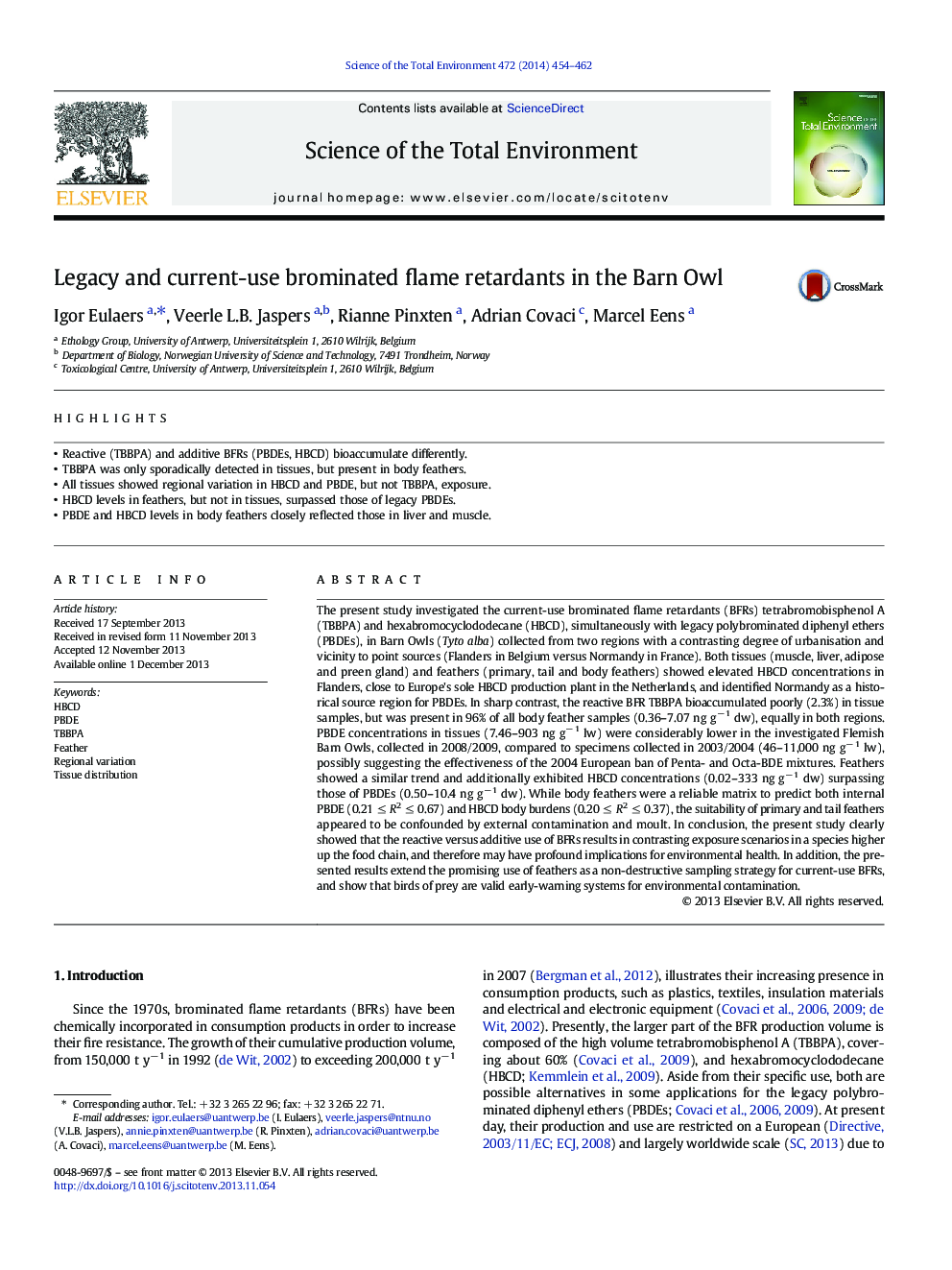 Legacy and current-use brominated flame retardants in the Barn Owl