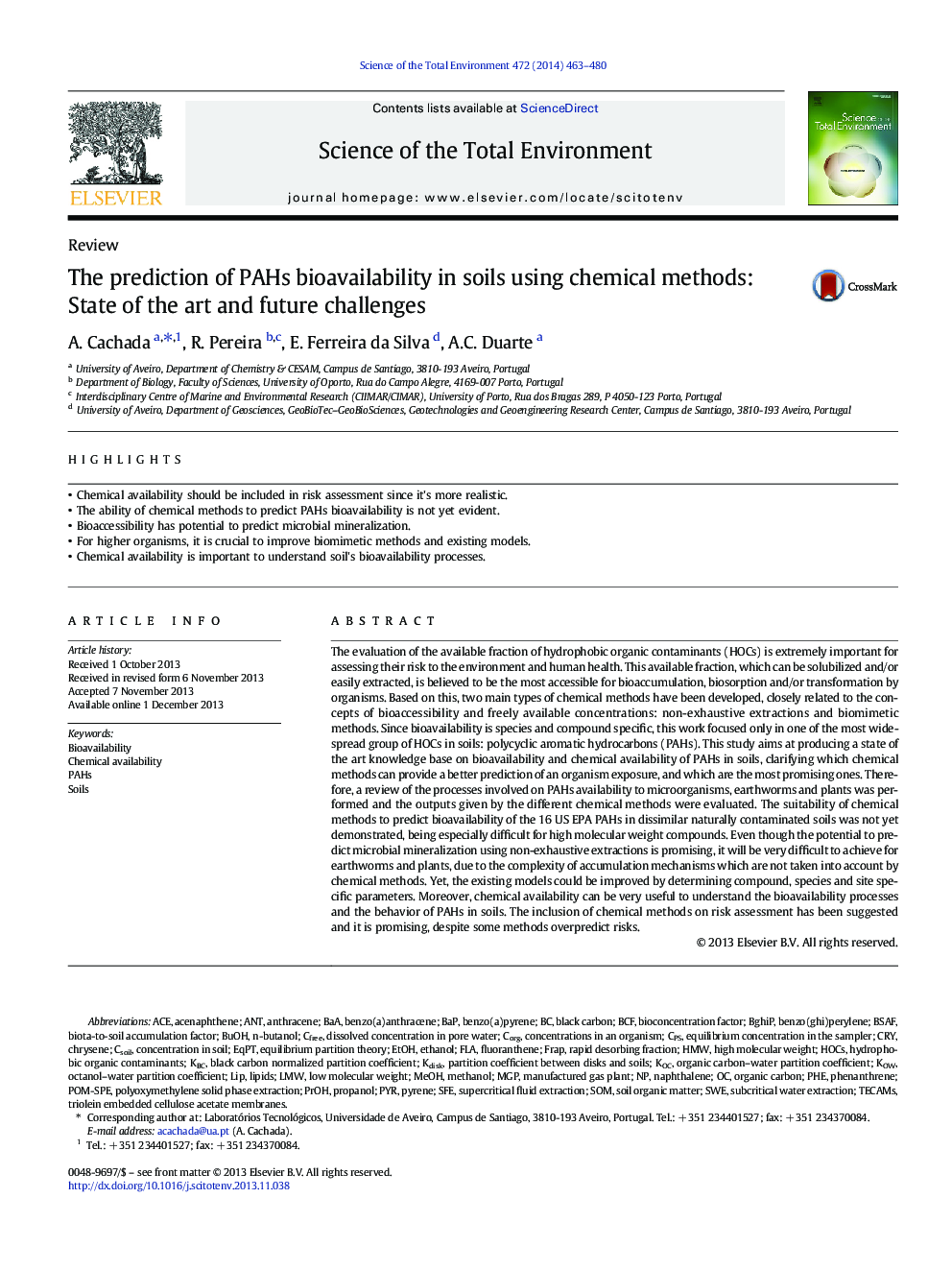 The prediction of PAHs bioavailability in soils using chemical methods: State of the art and future challenges