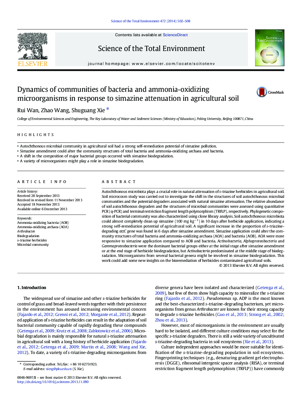 Dynamics of communities of bacteria and ammonia-oxidizing microorganisms in response to simazine attenuation in agricultural soil