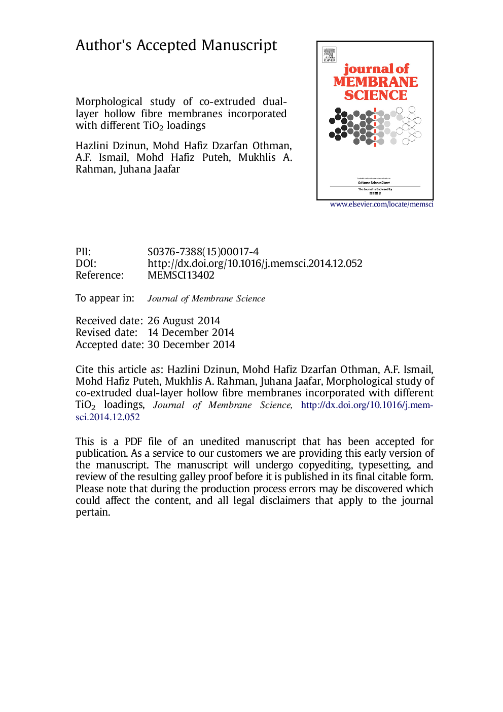 Morphological study of co-extruded dual-layer hollow fiber membranes incorporated with different TiO2 loadings