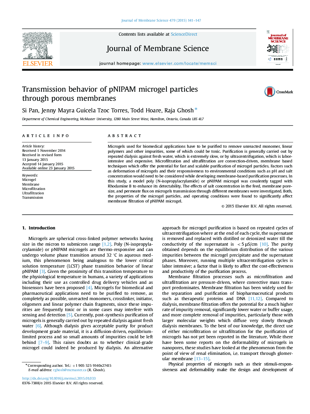 Transmission behavior of pNIPAM microgel particles through porous membranes