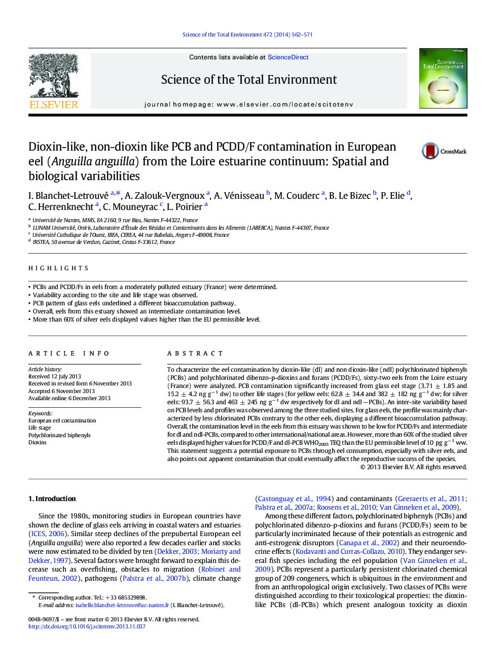 Dioxin-like, non-dioxin like PCB and PCDD/F contamination in European eel (Anguilla anguilla) from the Loire estuarine continuum: Spatial and biological variabilities