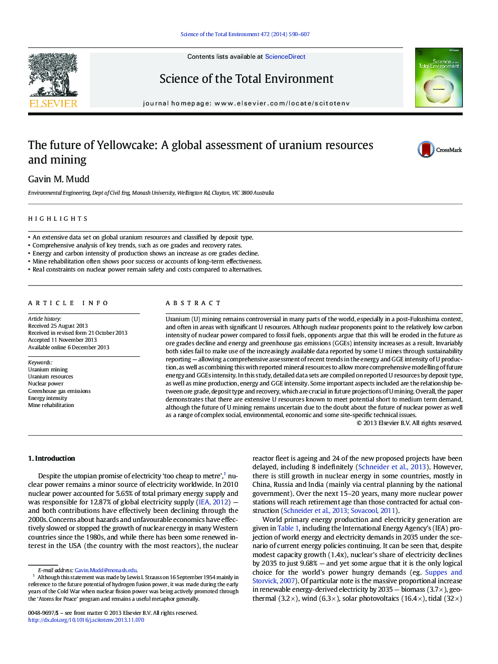 عکس صفحه اول مقاله: The future of Yellowcake: A global assessment of uranium resources and mining The future of Yellowcake: A global assessment of uranium resources and mining