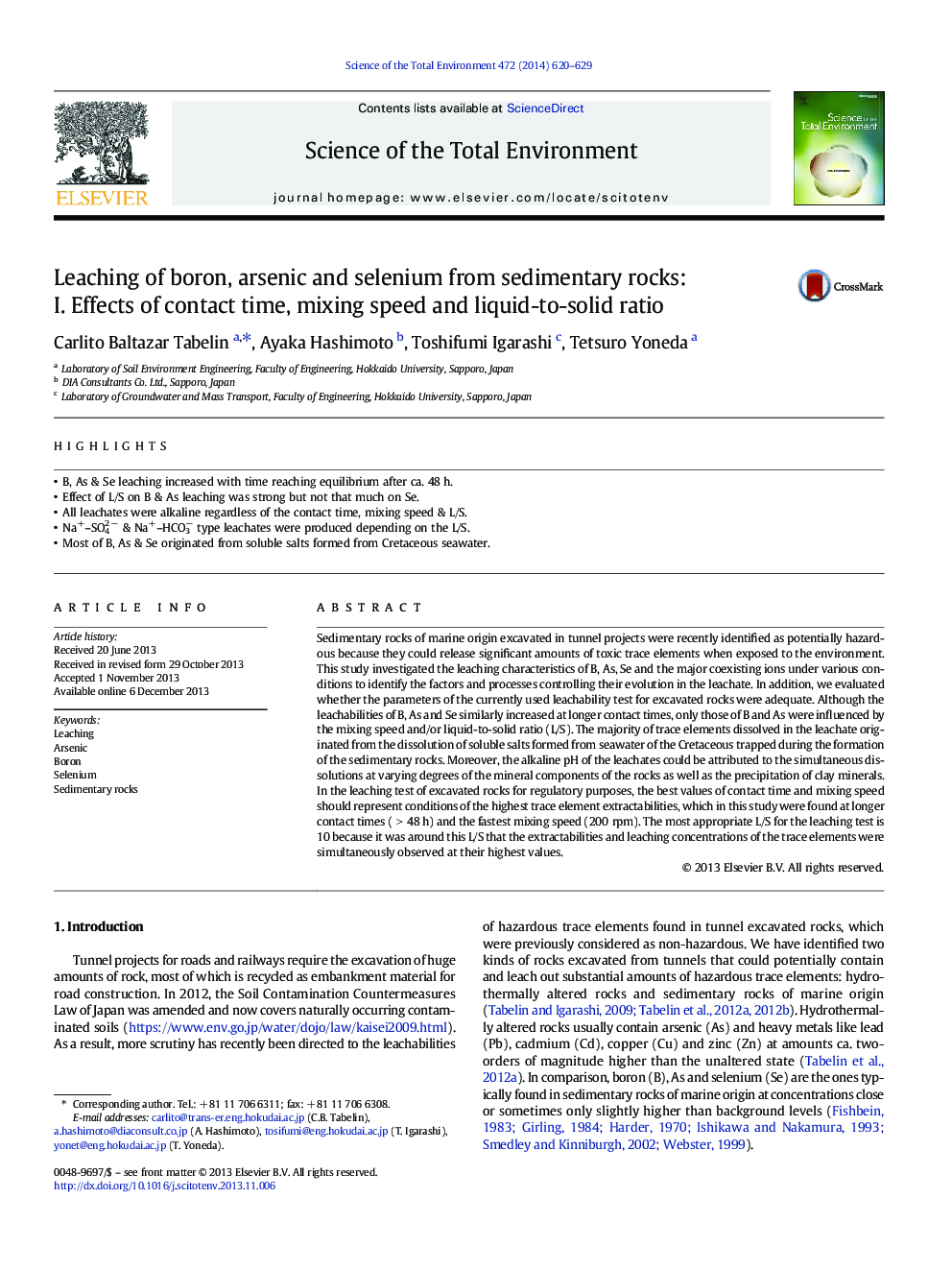 Leaching of boron, arsenic and selenium from sedimentary rocks: I. Effects of contact time, mixing speed and liquid-to-solid ratio