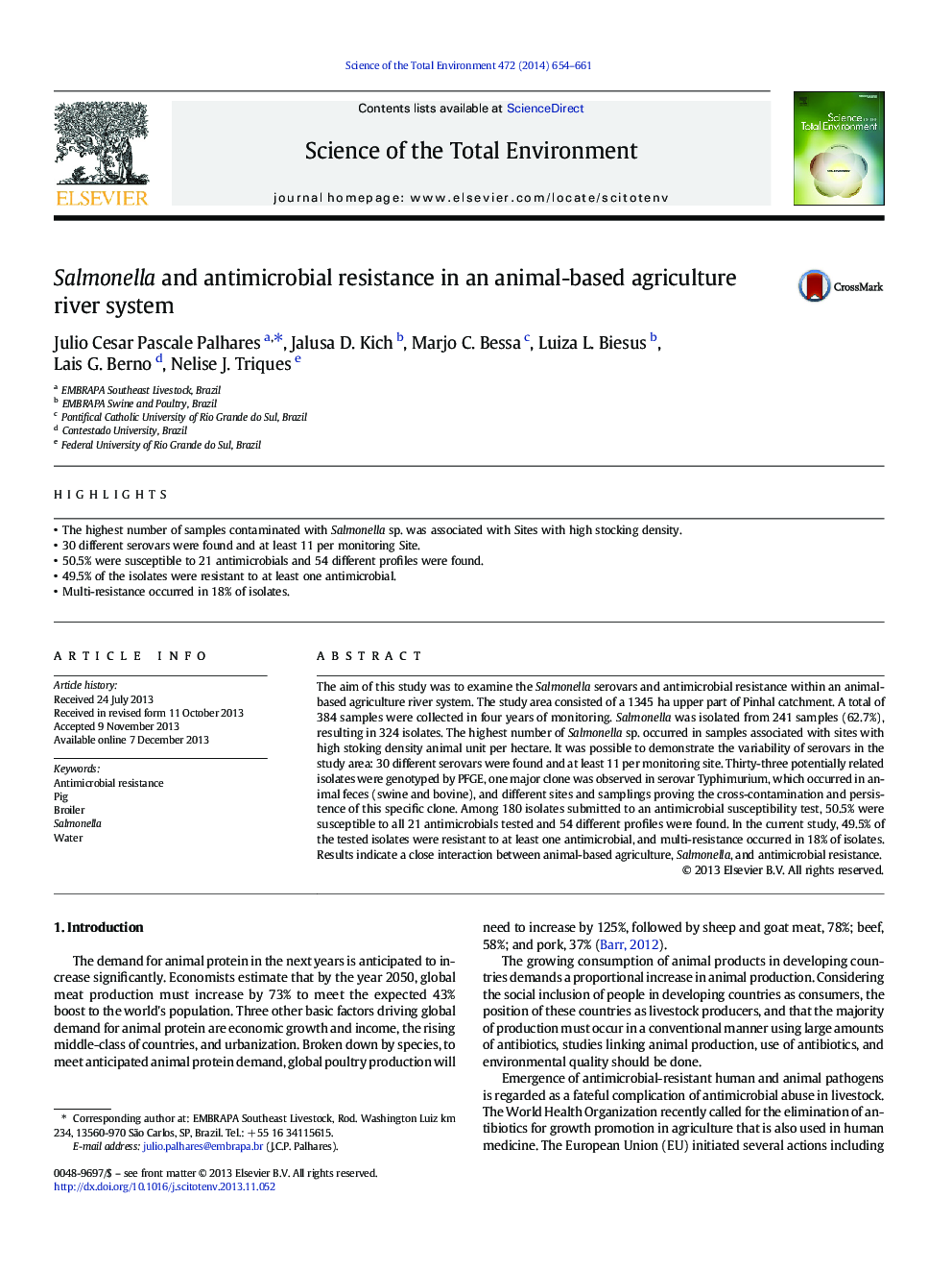 Salmonella and antimicrobial resistance in an animal-based agriculture river system