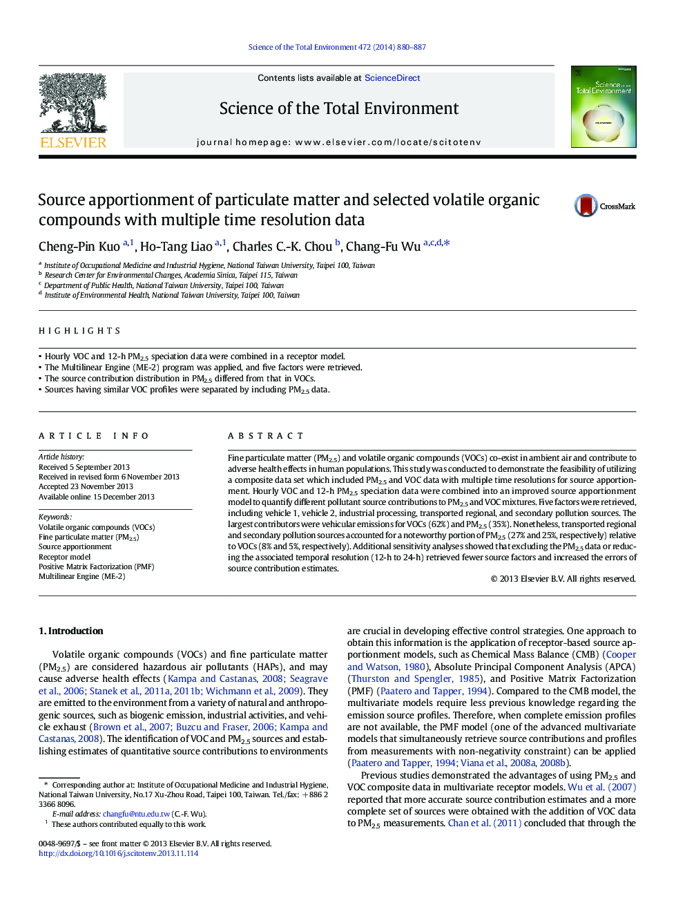 Source apportionment of particulate matter and selected volatile organic compounds with multiple time resolution data