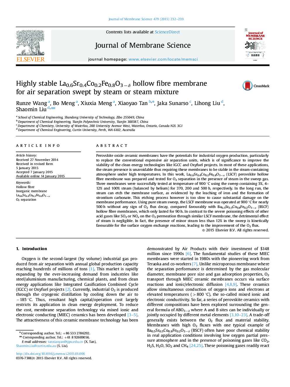 Highly stable La0.6Sr0.4Co0.2Fe0.8O3−δ hollow fibre membrane for air separation swept by steam or steam mixture