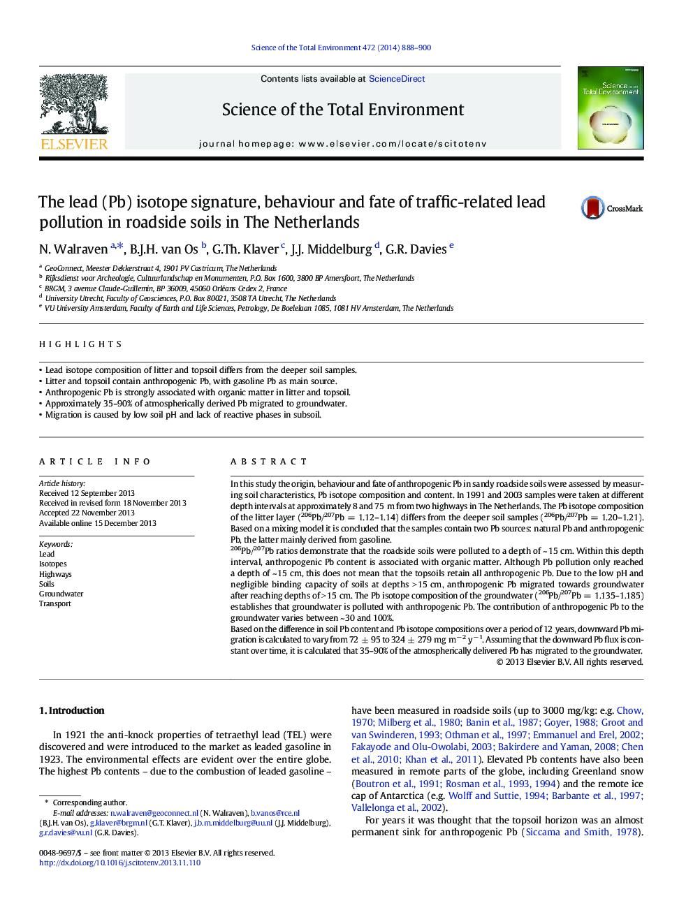 The lead (Pb) isotope signature, behaviour and fate of traffic-related lead pollution in roadside soils in The Netherlands