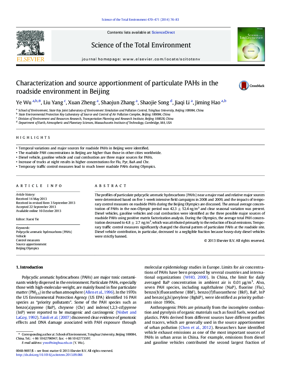 عکس صفحه اول مقاله: Characterization and source apportionment of particulate PAHs in the roadside environment in Beijing Characterization and source apportionment of particulate PAHs in the roadside environment in Beijing