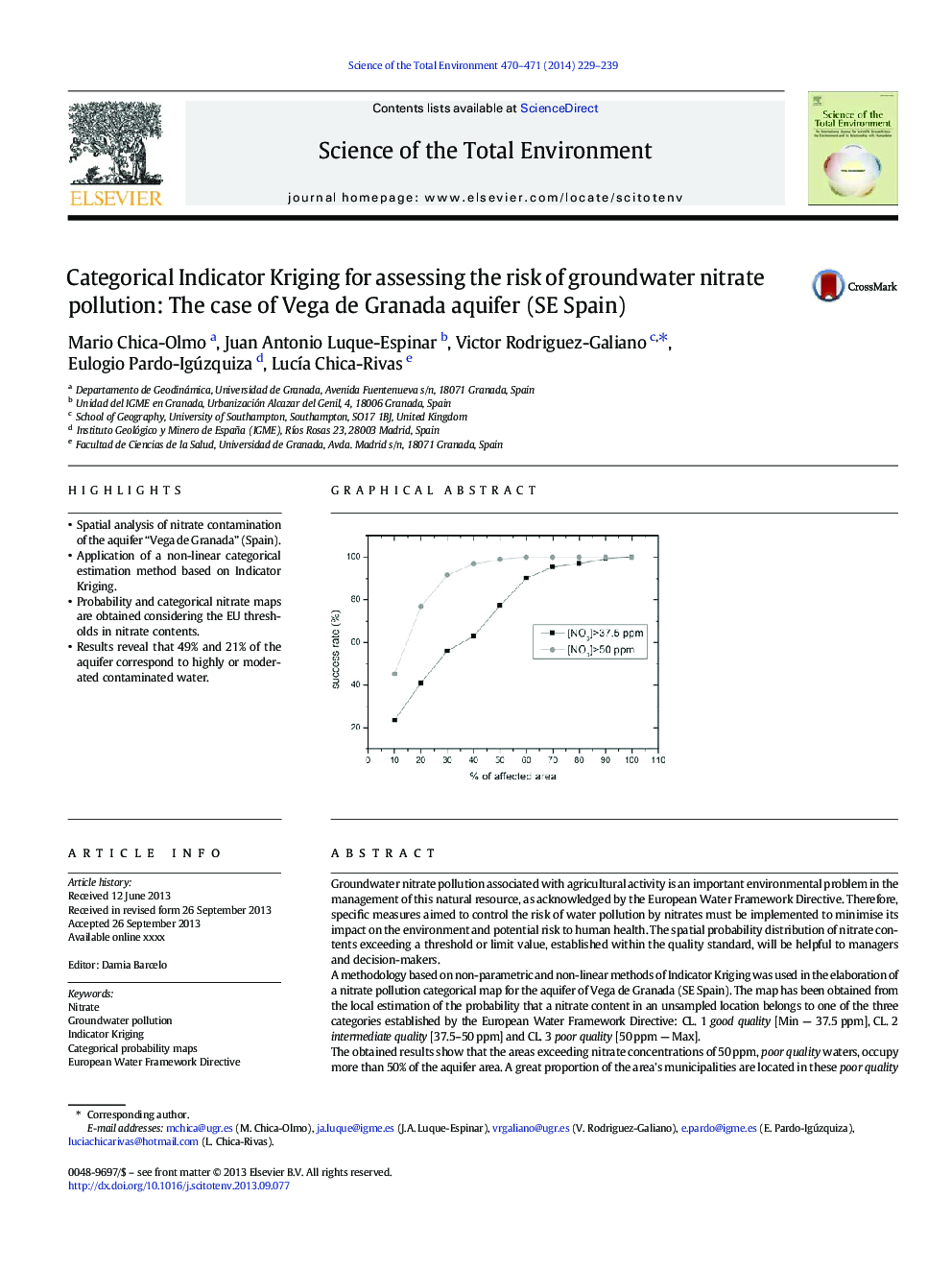 Categorical Indicator Kriging for assessing the risk of groundwater nitrate pollution: The case of Vega de Granada aquifer (SE Spain)