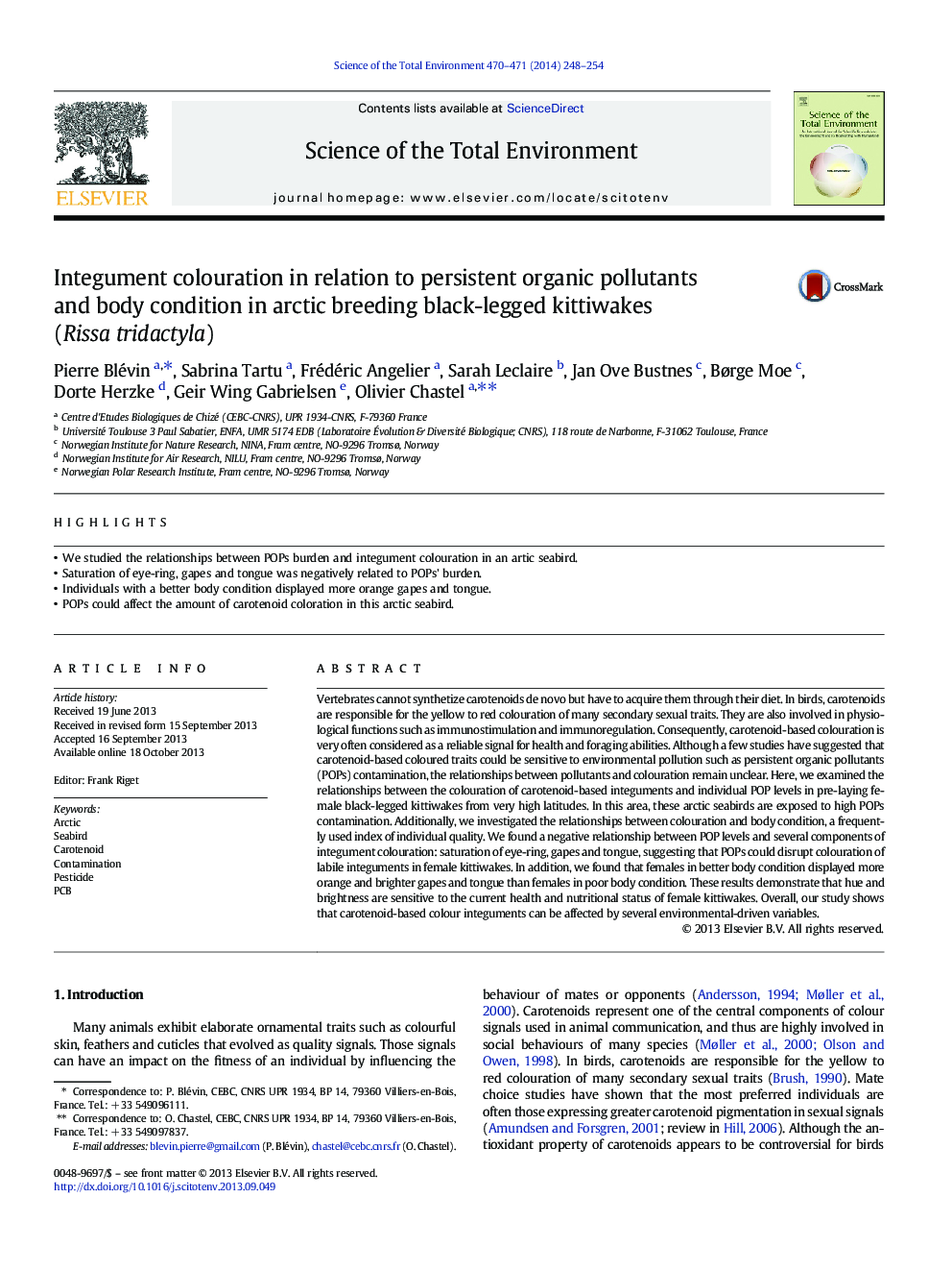 Integument colouration in relation to persistent organic pollutants and body condition in arctic breeding black-legged kittiwakes (Rissa tridactyla)