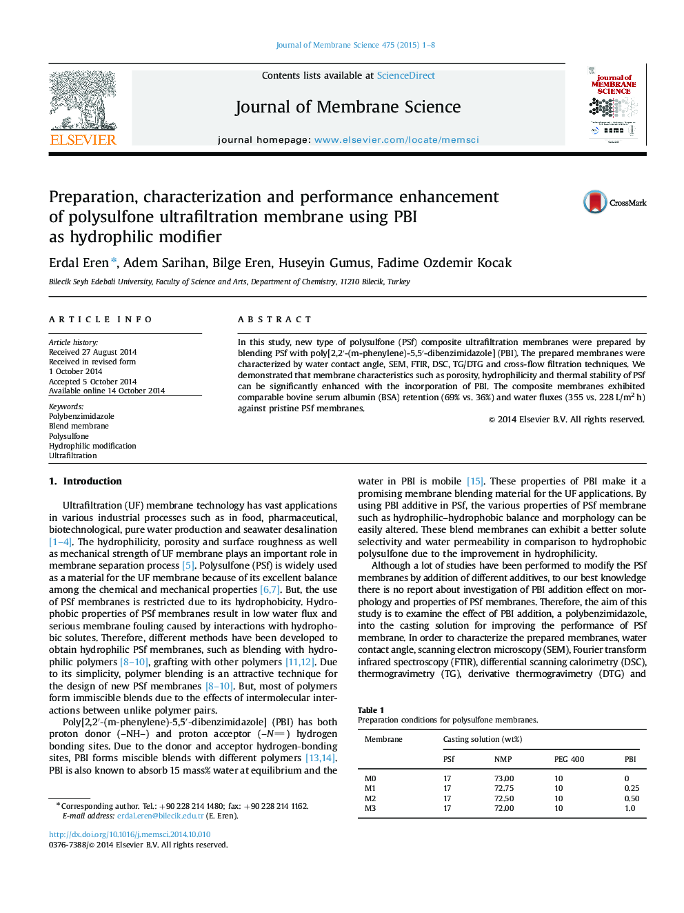 Preparation, characterization and performance enhancement of polysulfone ultrafiltration membrane using PBI as hydrophilic modifier
