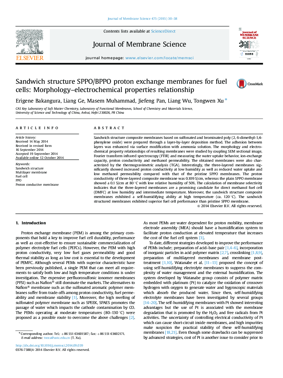 Sandwich structure SPPO/BPPO proton exchange membranes for fuel cells: Morphology–electrochemical properties relationship