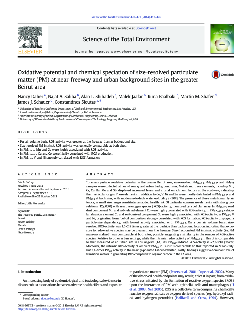 Oxidative potential and chemical speciation of size-resolved particulate matter (PM) at near-freeway and urban background sites in the greater Beirut area