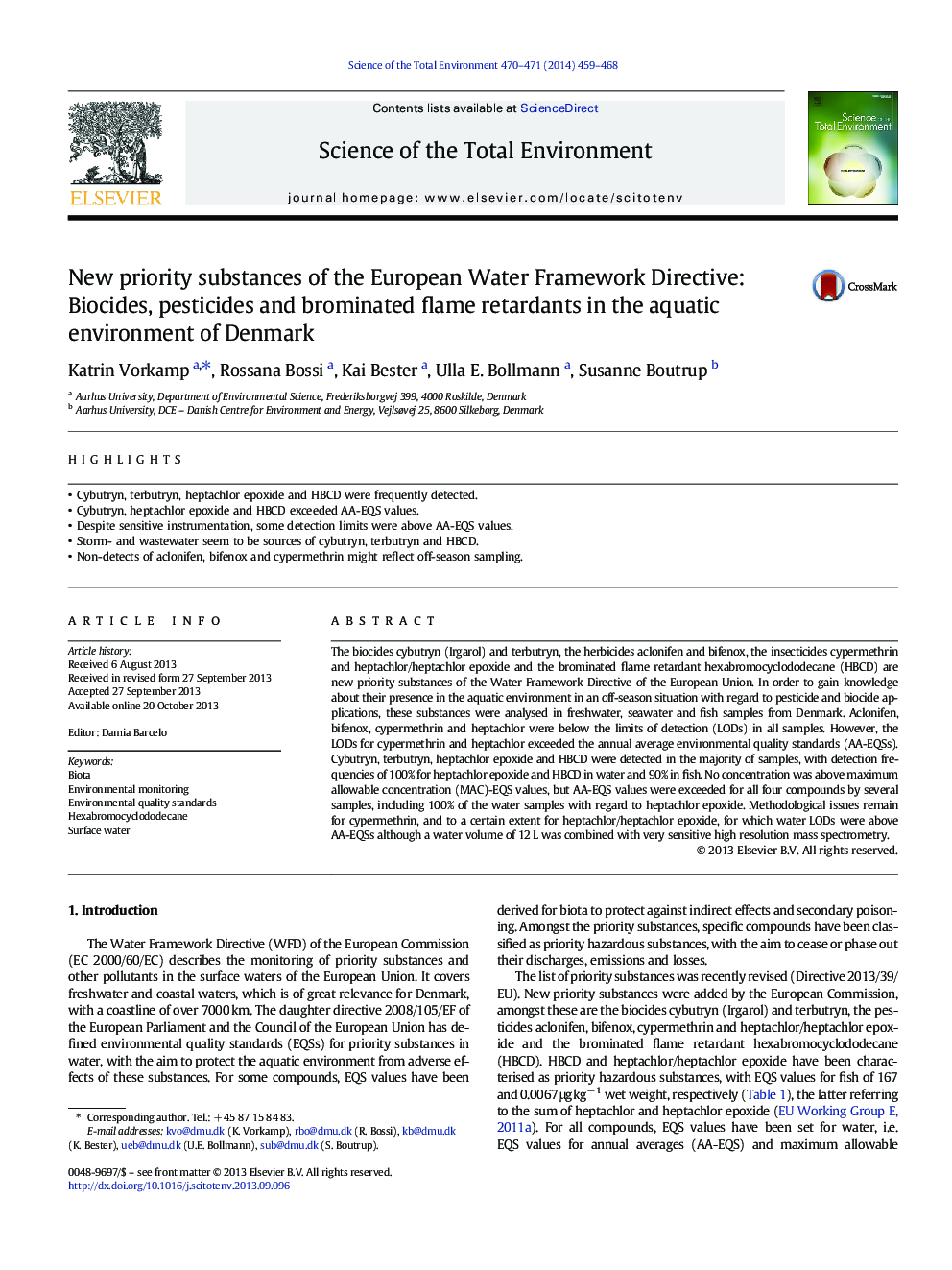 New priority substances of the European Water Framework Directive: Biocides, pesticides and brominated flame retardants in the aquatic environment of Denmark