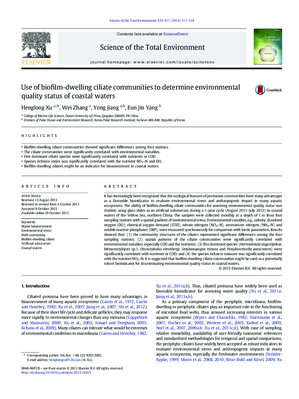 Use of biofilm-dwelling ciliate communities to determine environmental quality status of coastal waters