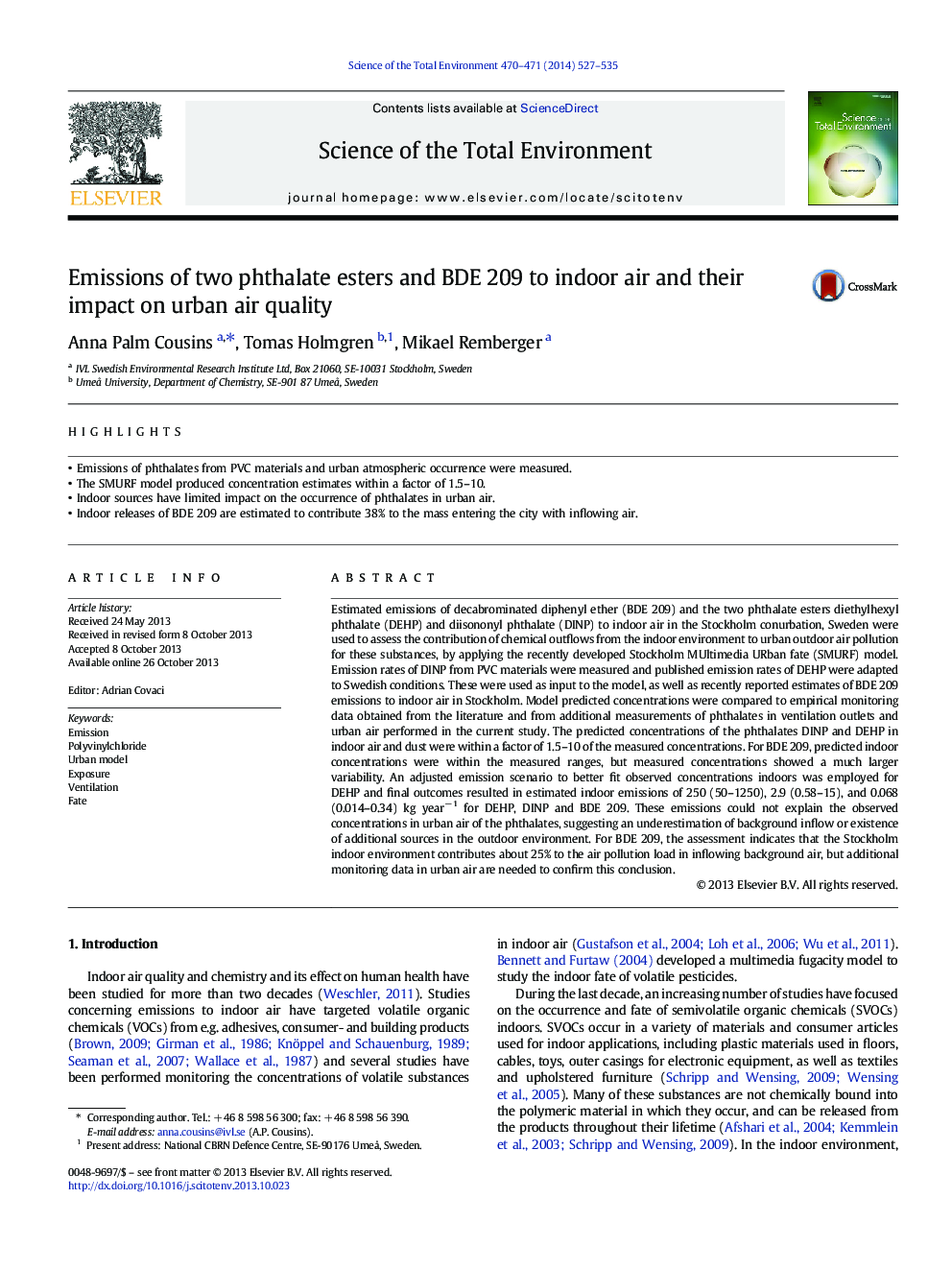 Emissions of two phthalate esters and BDE 209 to indoor air and their impact on urban air quality