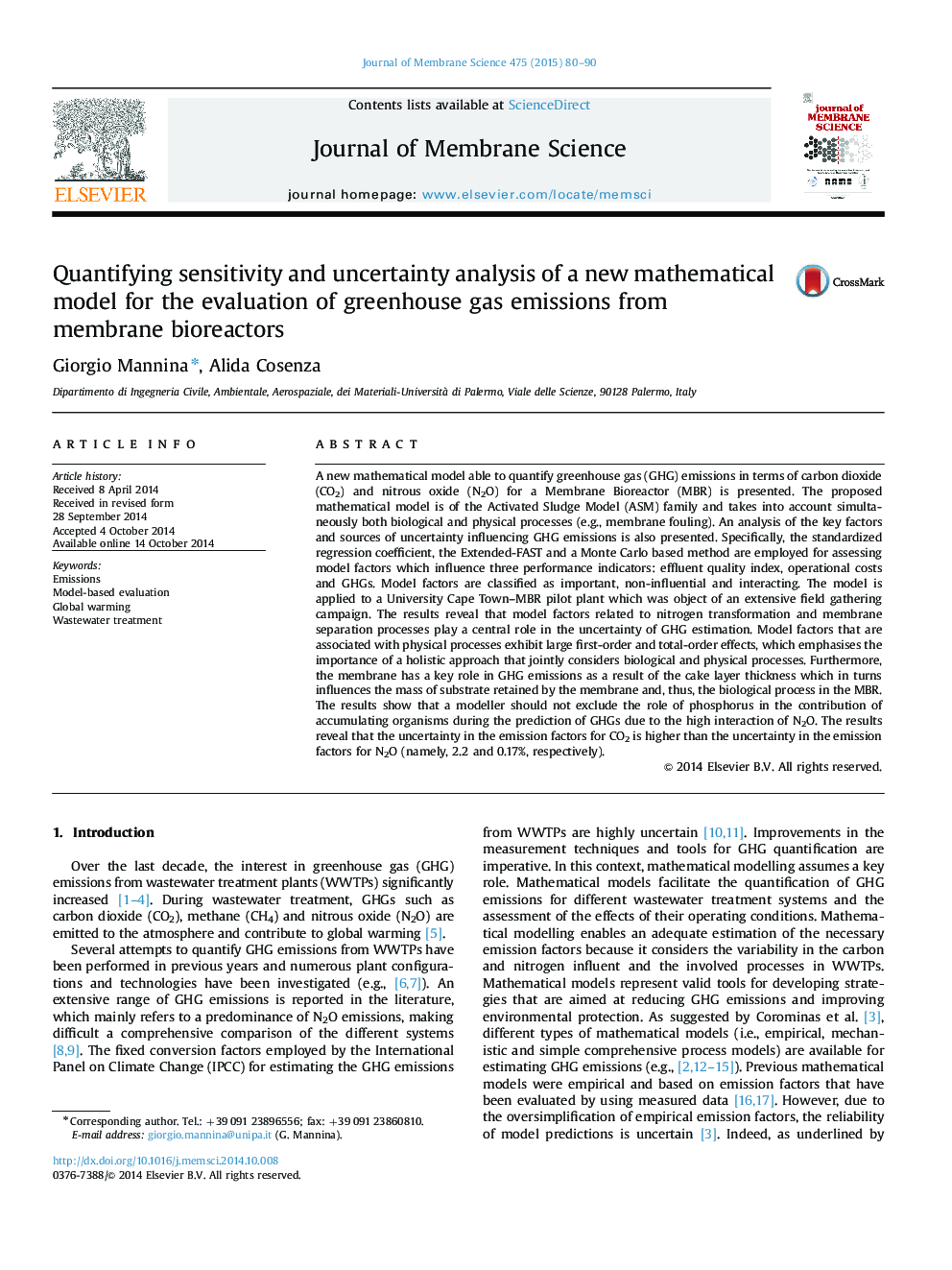 Quantifying sensitivity and uncertainty analysis of a new mathematical model for the evaluation of greenhouse gas emissions from membrane bioreactors