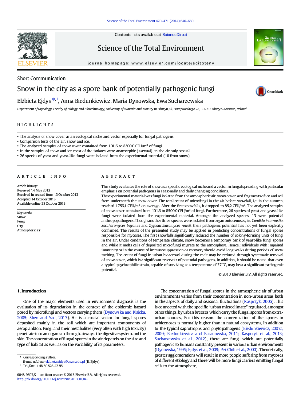 Snow in the city as a spore bank of potentially pathogenic fungi