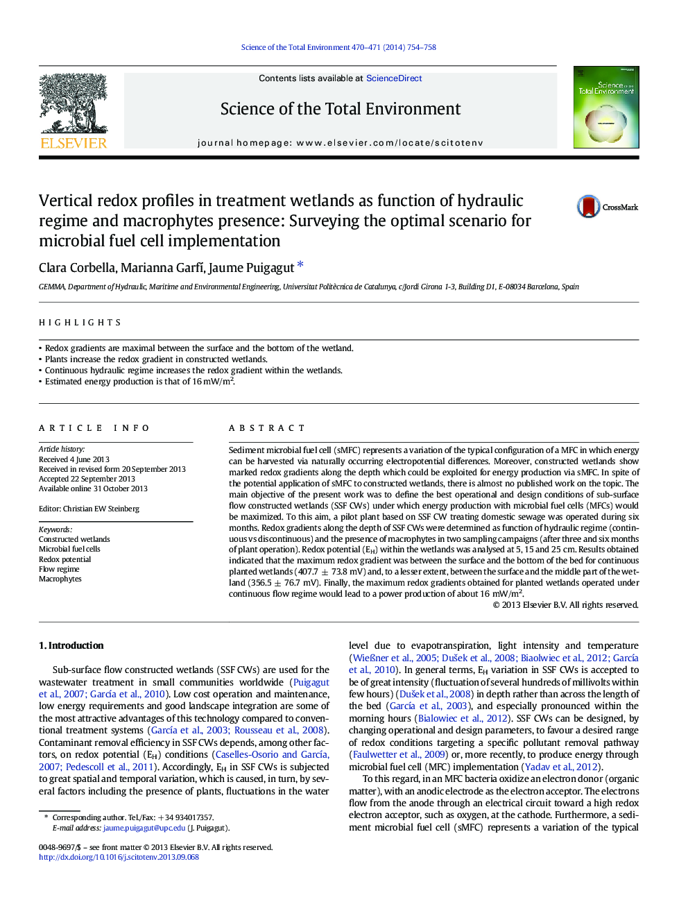 Vertical redox profiles in treatment wetlands as function of hydraulic regime and macrophytes presence: Surveying the optimal scenario for microbial fuel cell implementation