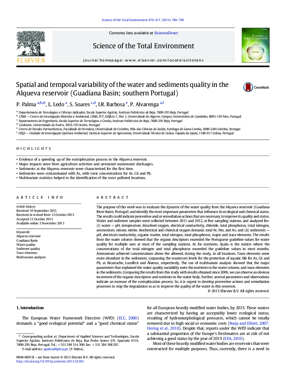 Spatial and temporal variability of the water and sediments quality in the Alqueva reservoir (Guadiana Basin; southern Portugal)