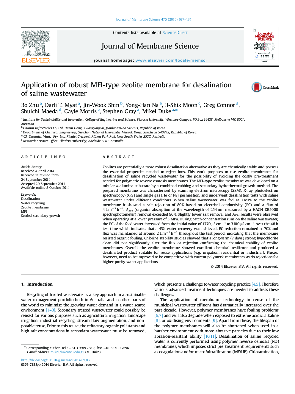 Application of robust MFI-type zeolite membrane for desalination of saline wastewater