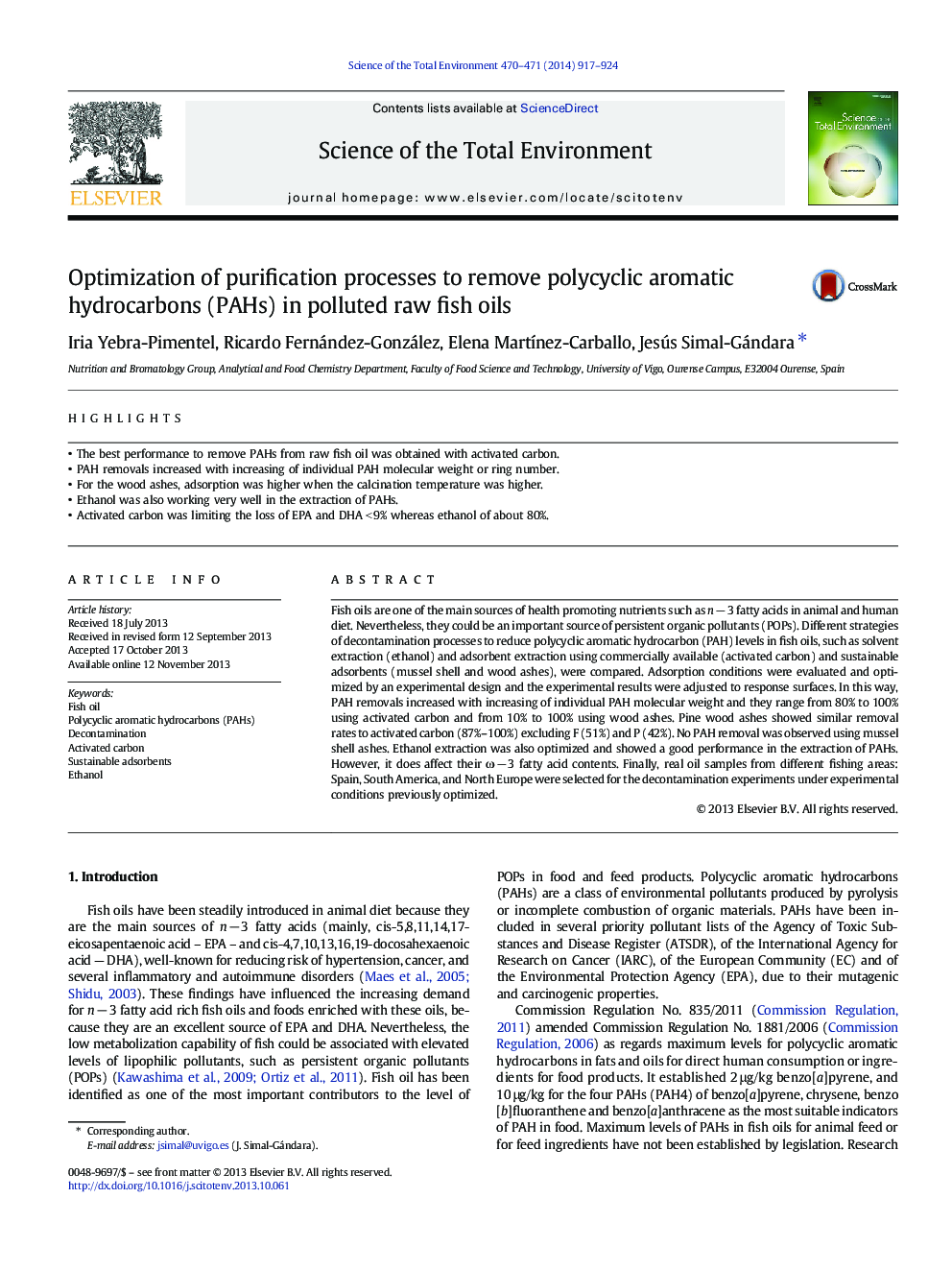 Optimization of purification processes to remove polycyclic aromatic hydrocarbons (PAHs) in polluted raw fish oils