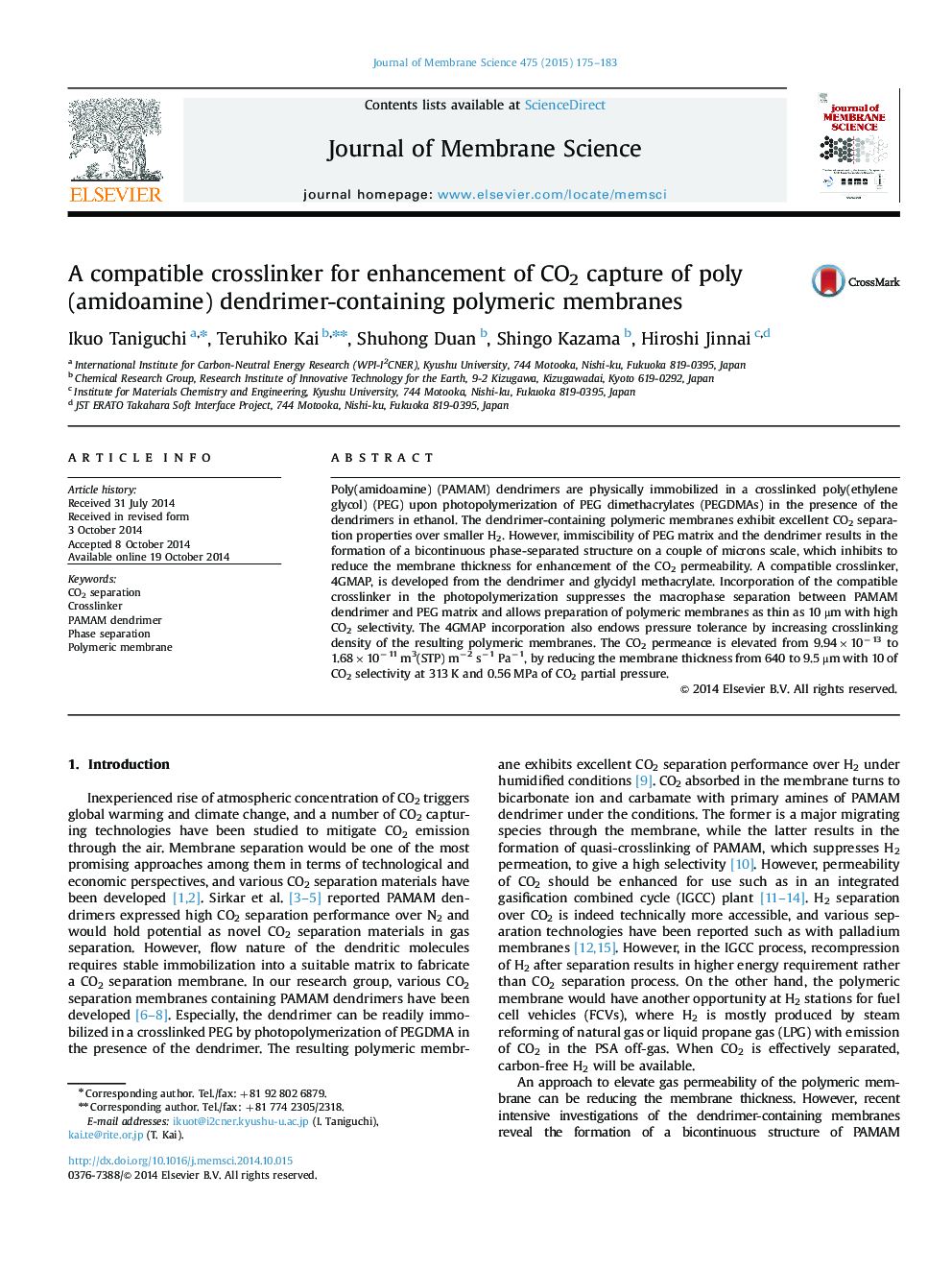 A compatible crosslinker for enhancement of CO2 capture of poly(amidoamine) dendrimer-containing polymeric membranes